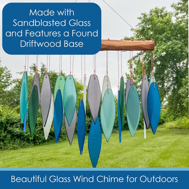 Gift Essentials Blue Handworks Pacific Coast Glass Chime, Sandblasted Glass and Found Wood Handcrafted Wind Chime - Image 4